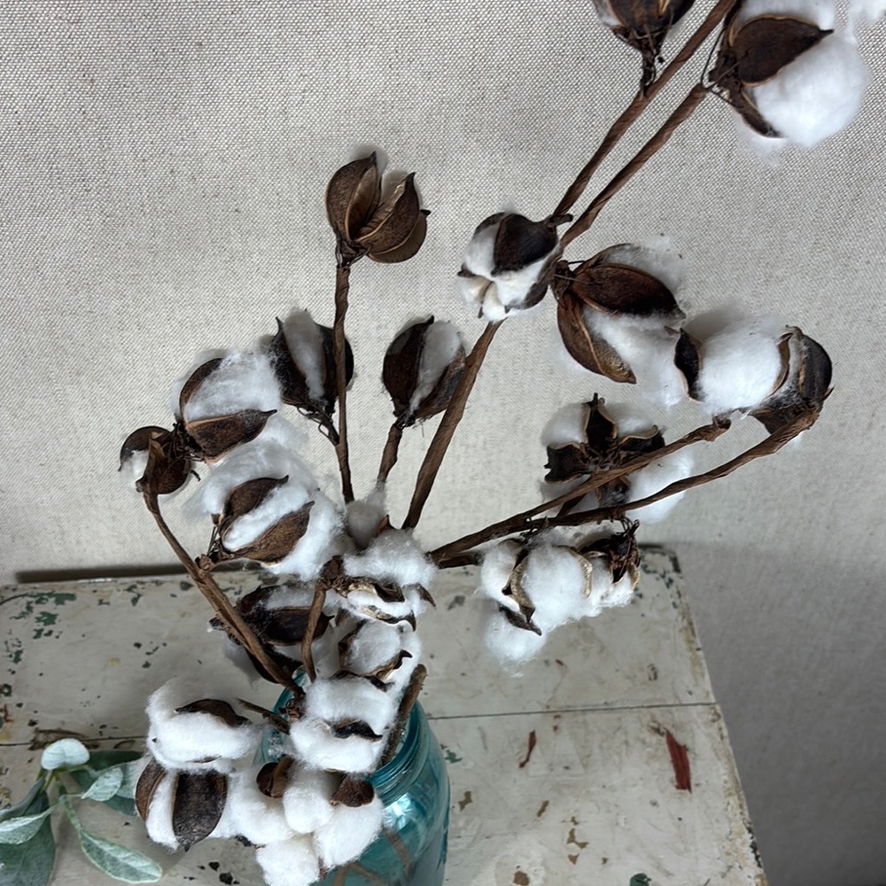 Rustic Cotton Stems in Blue Glass Vase - Picture 2 of 3